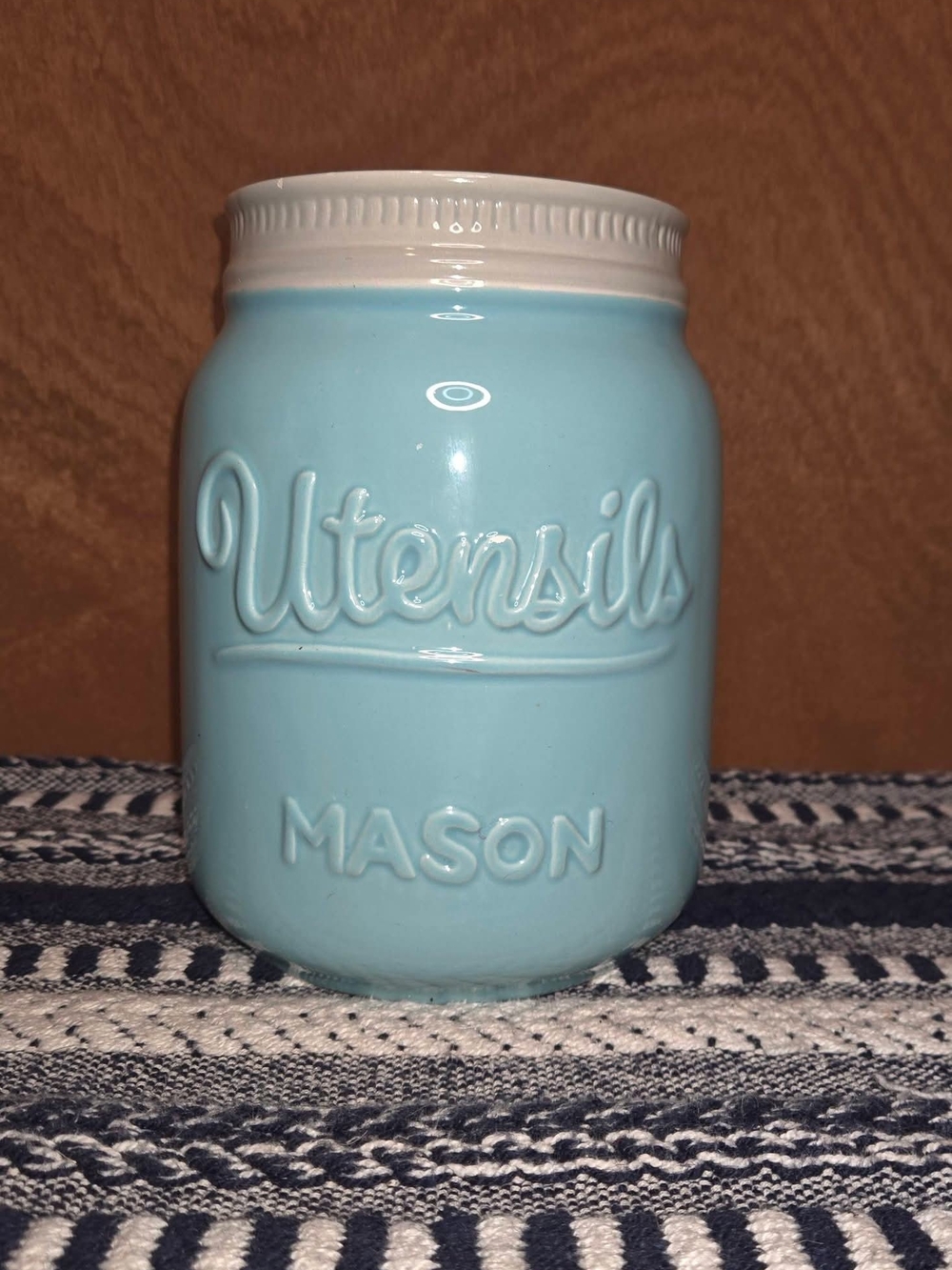 Blue & White Ceramic Mason Jar Utensil Crock Kitchen Tool Holder Farmhouse Decor